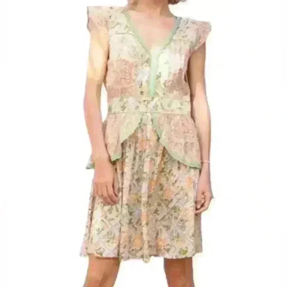 NWT Barok Paris Floral Midi Lace Metallic Ruffle Dress Boho Peach Size Small - Picture 1 of 15